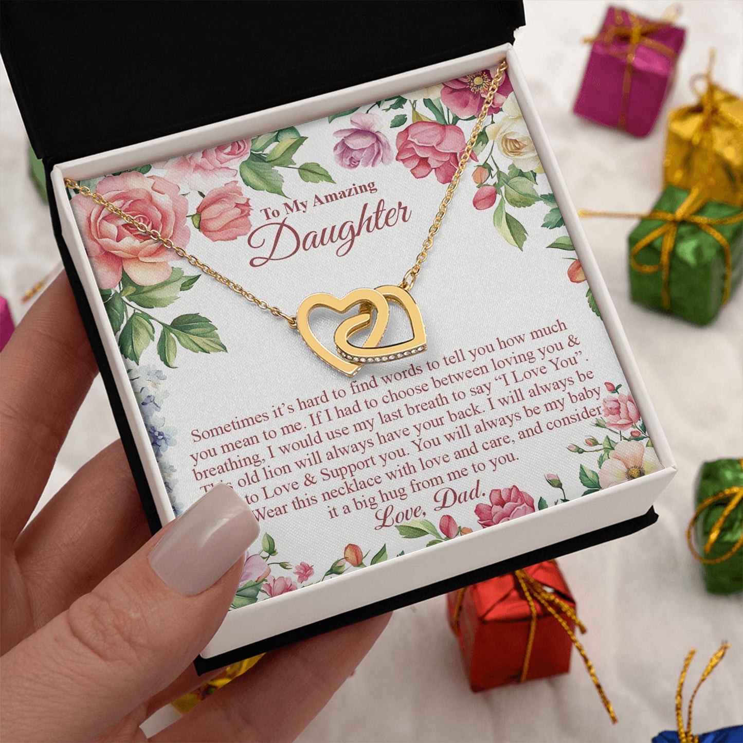 Netecom Personalized To My Amazing Daughter Necklace from Dad, Custom Message Card with Name, Interlocking Heart Jewelry Gift for Birthday, Christmas