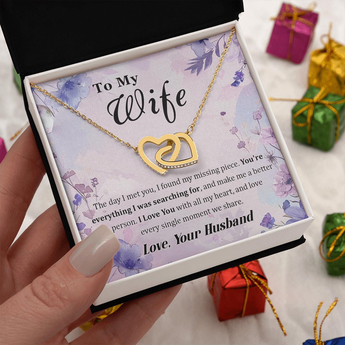 Netecom Personalized To My Wife Necklace from Husband, Interlocking Heart Jewelry with Floral Card, Romantic Birthday, Anniversary, Christmas Gift