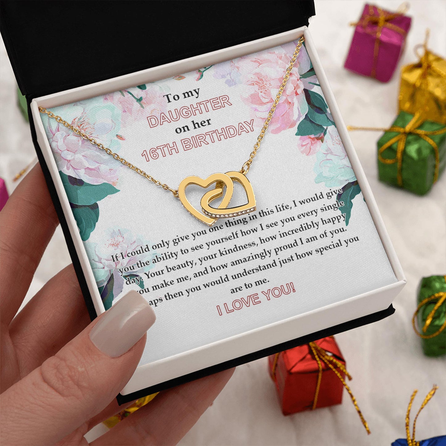 Netecom Personalized To My Daughter Necklace from Mom and Dad, Custom Name Floral Card, Interlocking Hearts Jewelry Gift for Birthday, Christmas