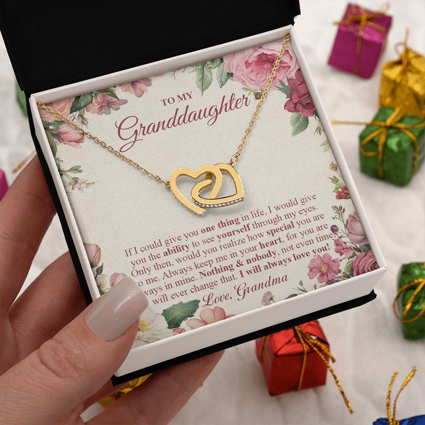 Netecom Personalized Grandma to Granddaughter Necklace – Interlocking Hearts Jewelry with Heartfelt Quote Card, Birthday, Graduation, Christmas Gift from Grandma
