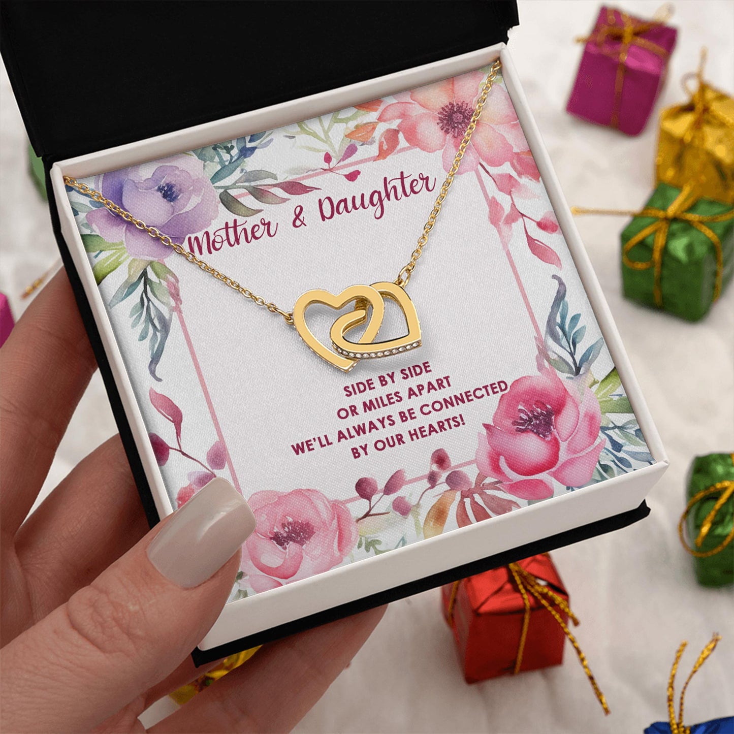 Netecom Personalized Mother and Daughter Necklace, Custom Message Card with Name, Side By Side Or Miles Apart Interlocking Heart Jewelry Gift for Birthday, Christmas