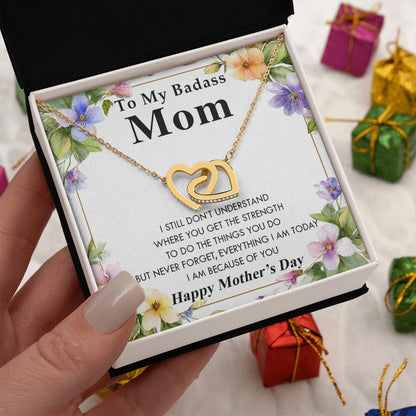 Netecom Personalized To My Badass Mom Necklace, Interlocking Heart Jewelry with Floral Card, Mother’s Day Gift for Strong and Loving Mom