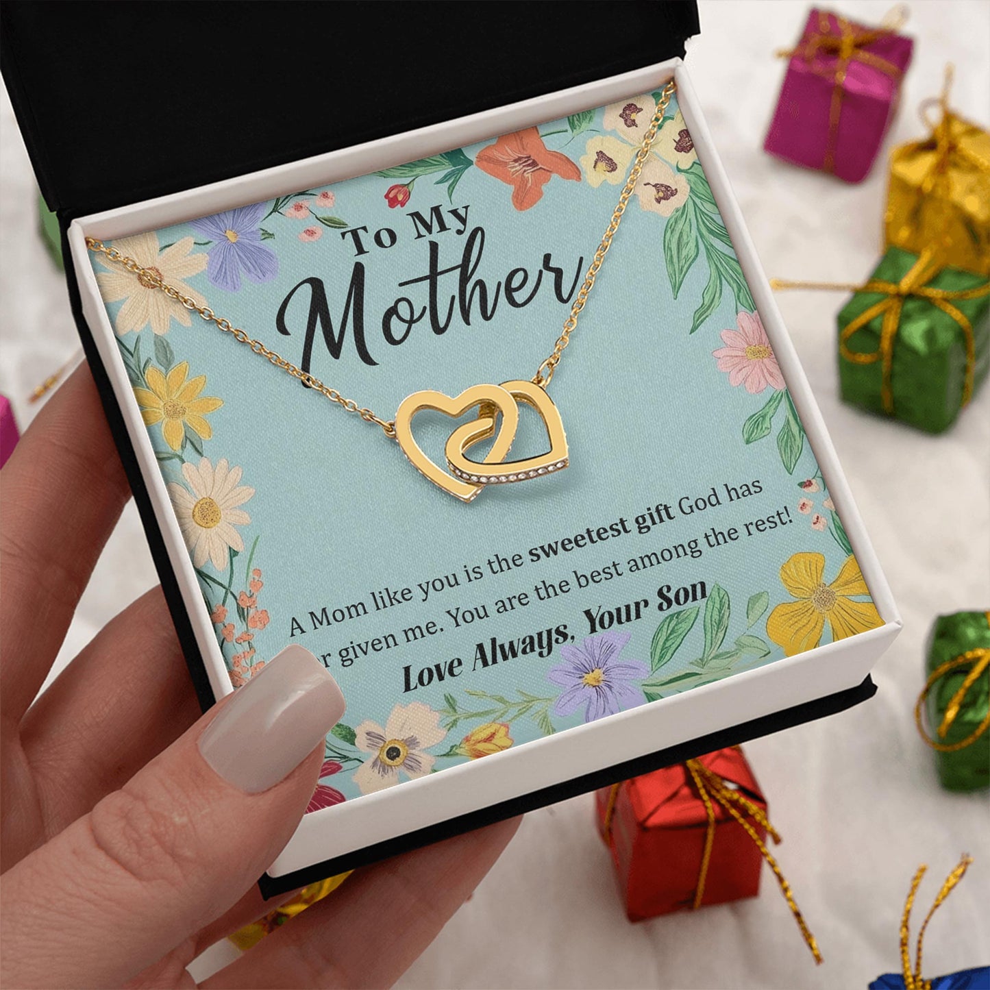 Netecom Personalized To My Mother Necklace from Son, Custom Message Card with Name, A Mom Like You Is The Sweetest Gift Interlocking Heart Jewelry Gift for Birthday, Christmas