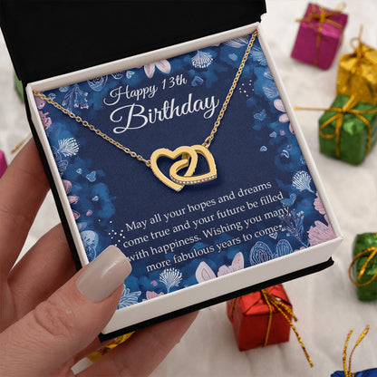 Netecom Personalized Happy Birthday Necklace, Custom Name Floral Card, Interlocking Hearts Jewelry Gift for Birthday Celebration