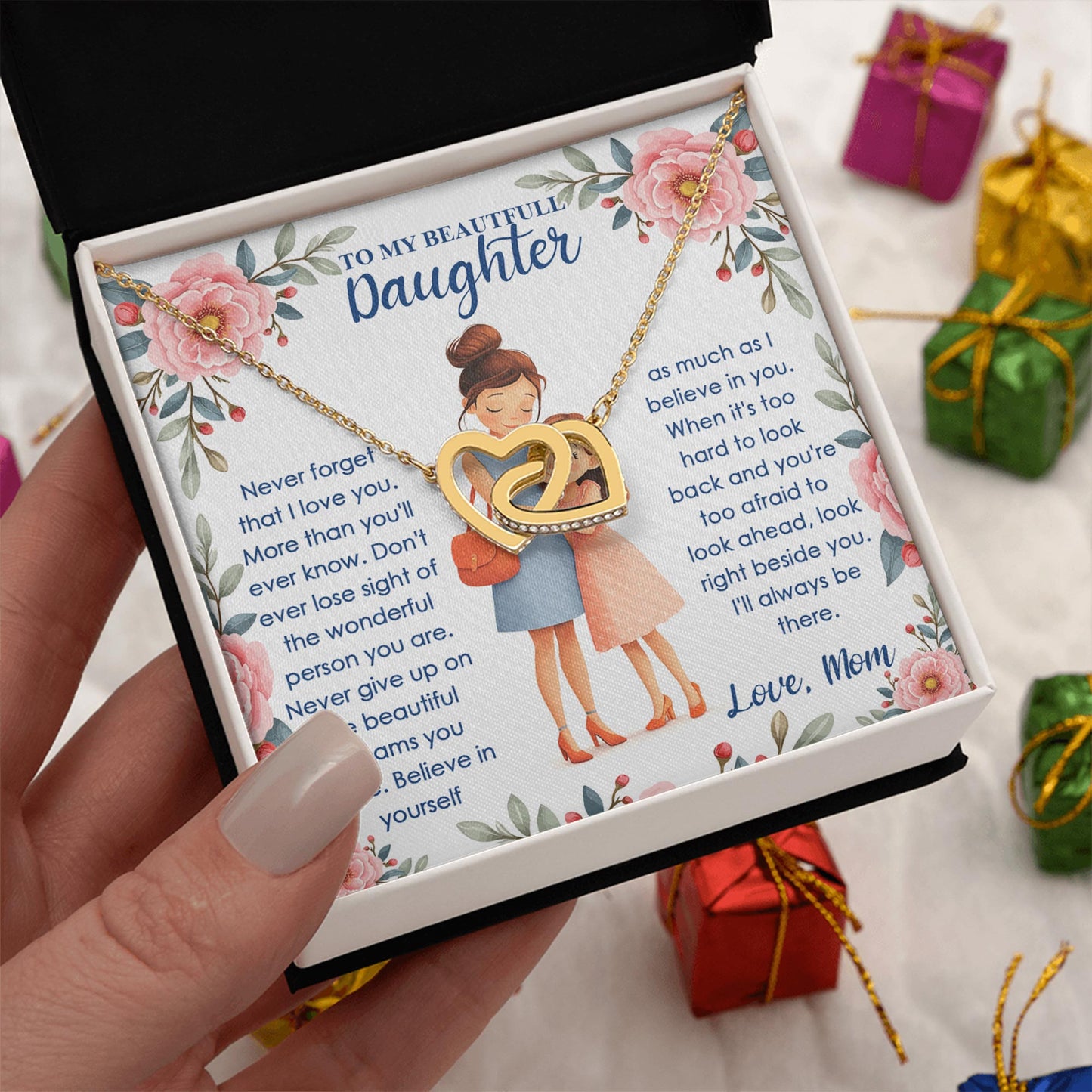 Netecom Personalized To My Beautiful Daughter Necklace from Mom, Custom Message Card with Name, Interlocking Heart Jewelry Gift for Birthday, Christmas