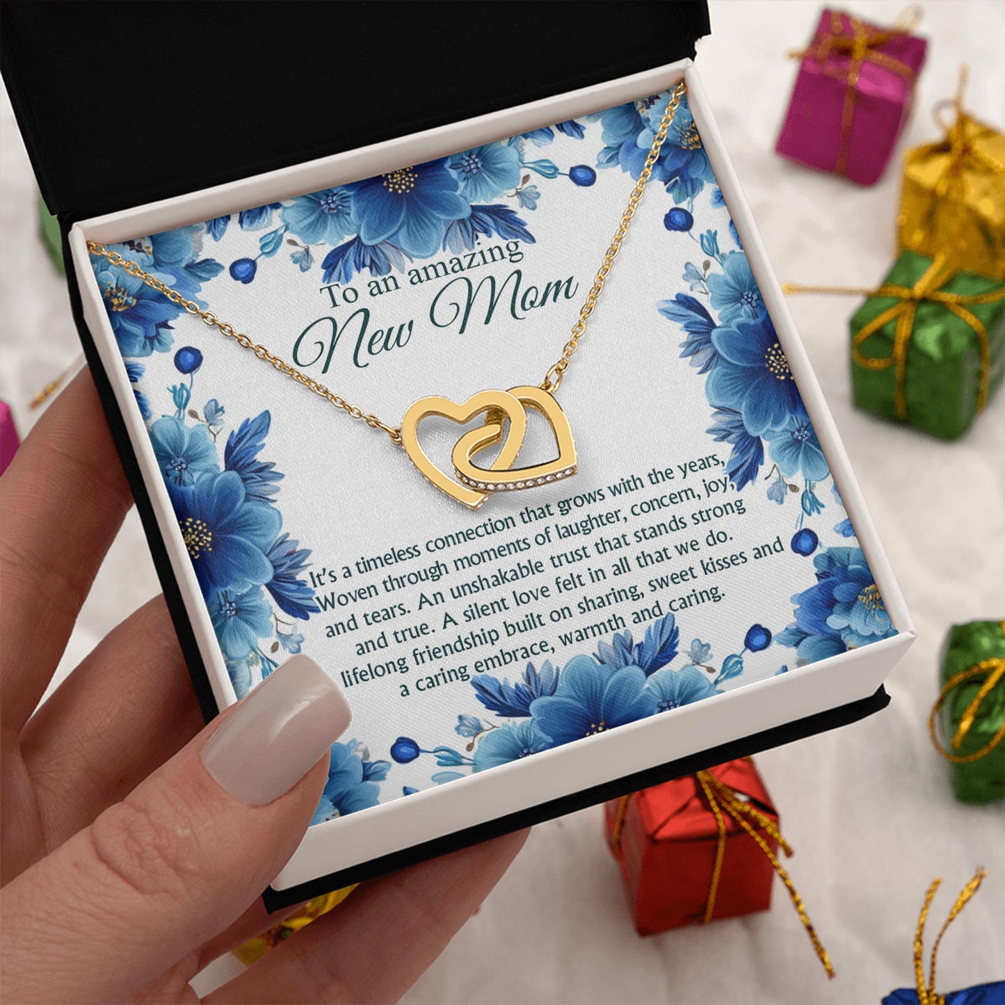 Netecom Personalized To An Amazing New Mom Necklace, Interlocking Hearts Jewelry with Floral Card, Baby Shower, Mother’s Day, First-Time Mom Gift