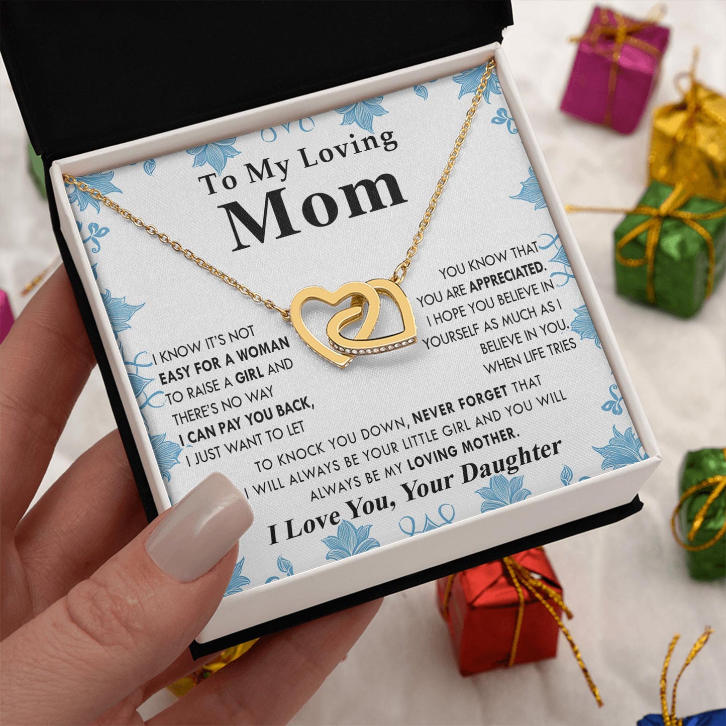 Netecom Personalized To My Loving Mom Necklace from Daughter, Custom Message Card with Name, Interlocking Heart Jewelry Gift for Birthday, Christmas
