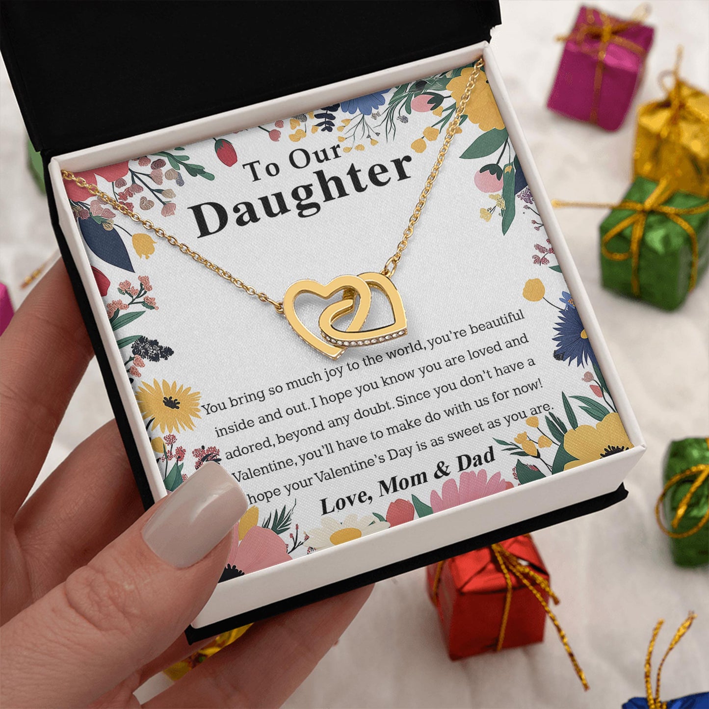 Netecom Personalized To Our Daughter Necklace from Mom and Dad, Custom Message Card with Name, Minimalist Flower Interlocking Heart Jewelry Gift for Birthday, Christmas