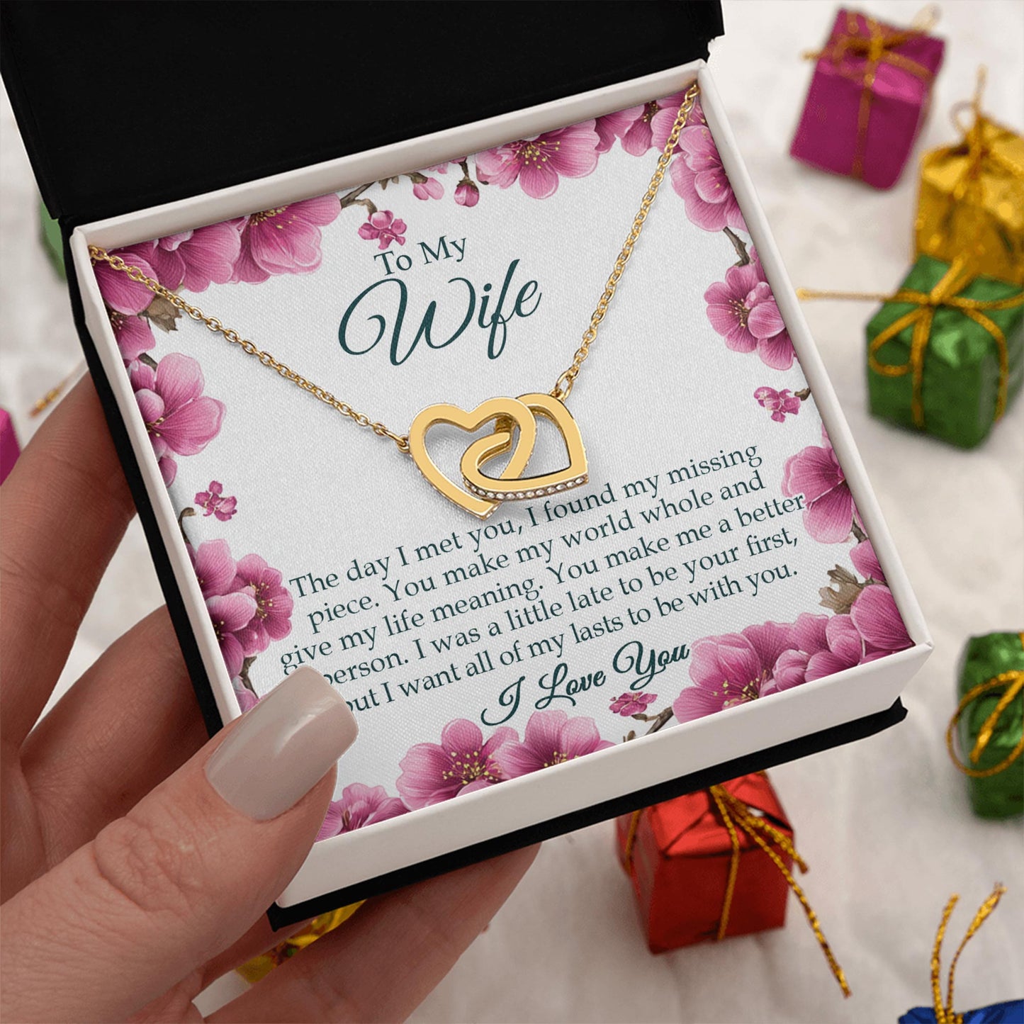 Netecom Personalized To My Wife Necklace from Husband, Interlocking Hearts Jewelry with Floral Card, Romantic Birthday, Anniversary, Christmas Gift