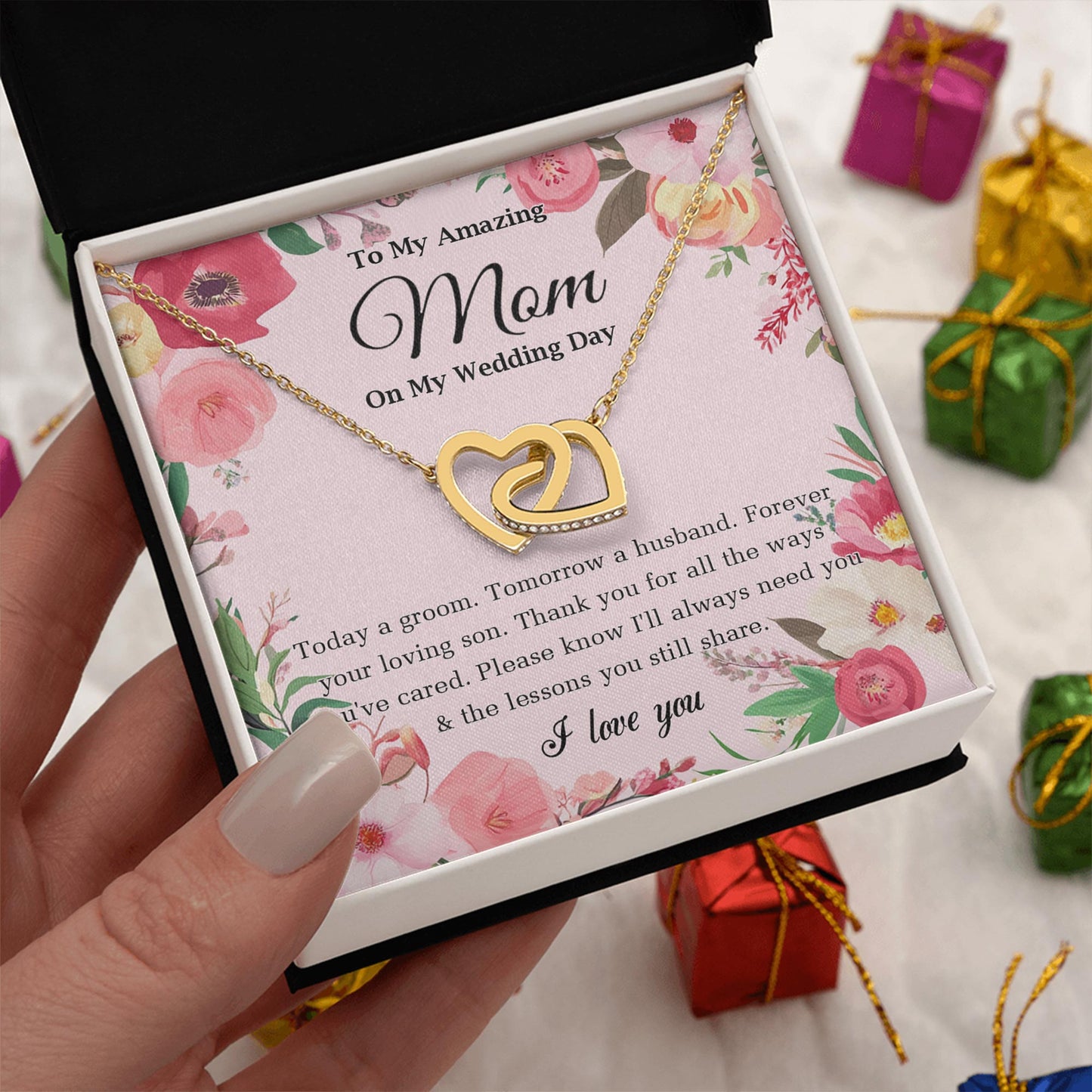 Netecom Personalized Necklace for Mom on Wedding Day – To My Amazing Mom Interlocking Heart Jewelry Gift from Son with Message Card for Wedding, Birthday, Christmas