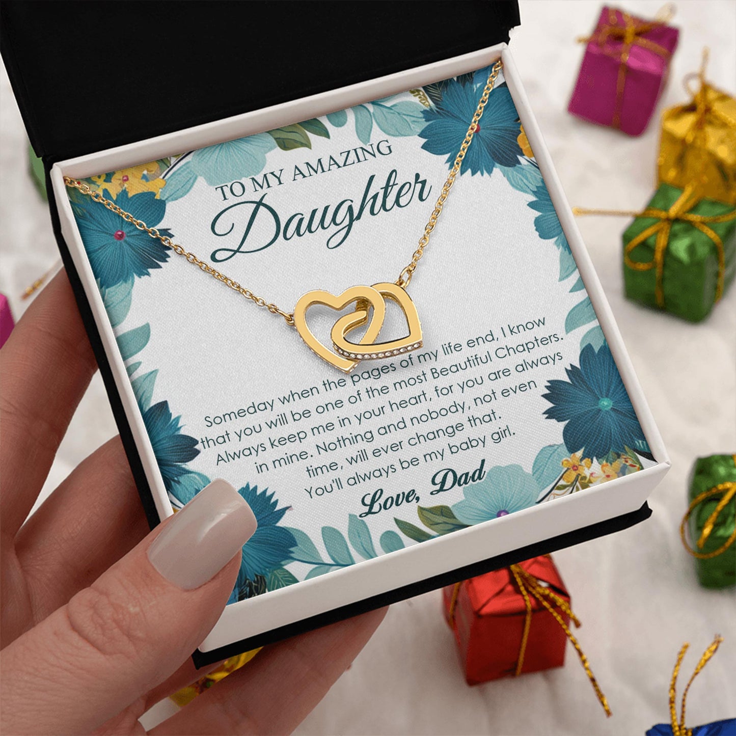 Netecom Personalized To My Amazing Daughter Necklace from Dad, Custom Message Card with Name, Interlocking Heart Jewelry Gift for Birthday, Christmas