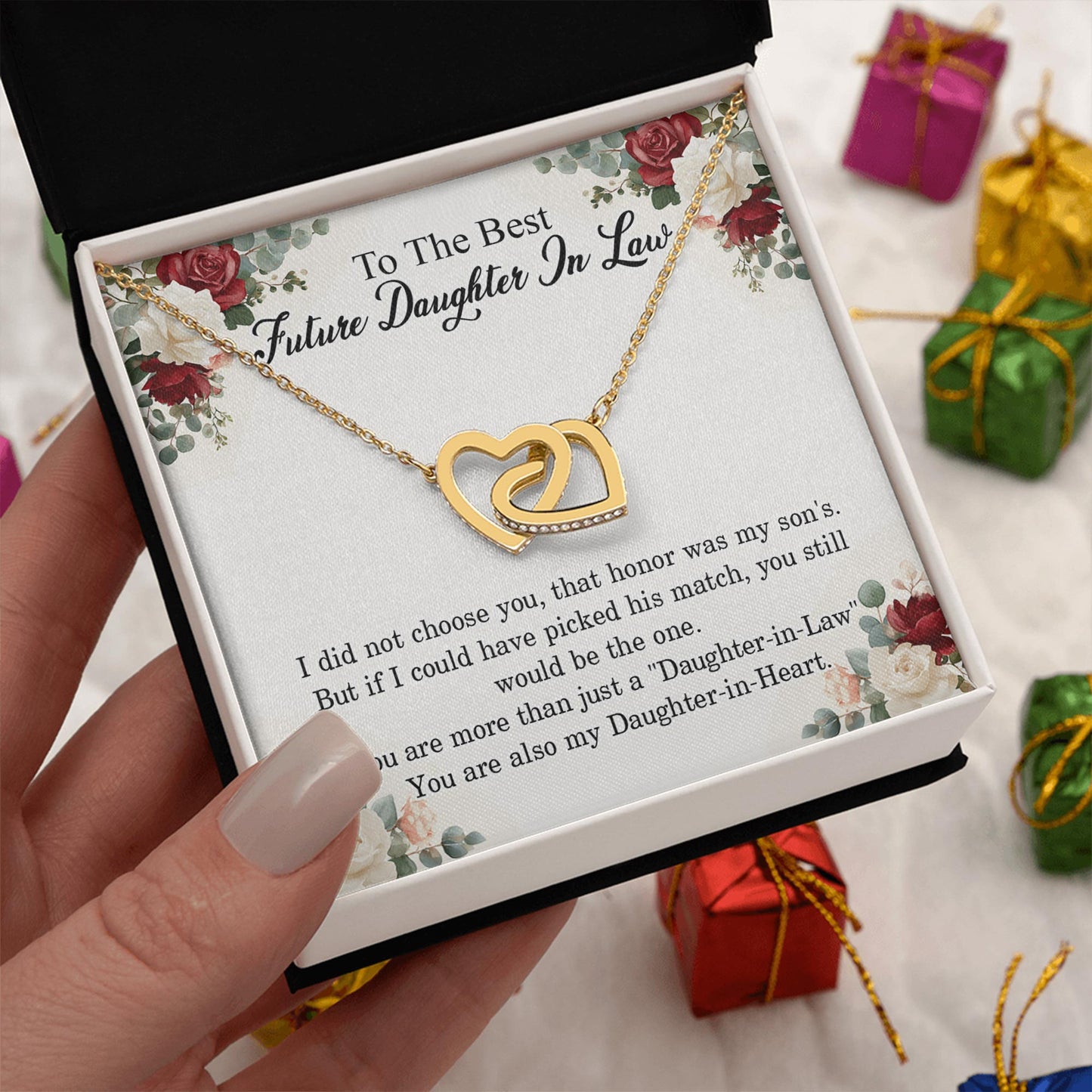 Netecom Personalized To The Best Future Daughter-In-Law Necklace from Mother-in-Law Father-In-Law, Custom Message Card with Name, Interlocking Heart Jewelry Gift for Wedding, Birthday, Christmas