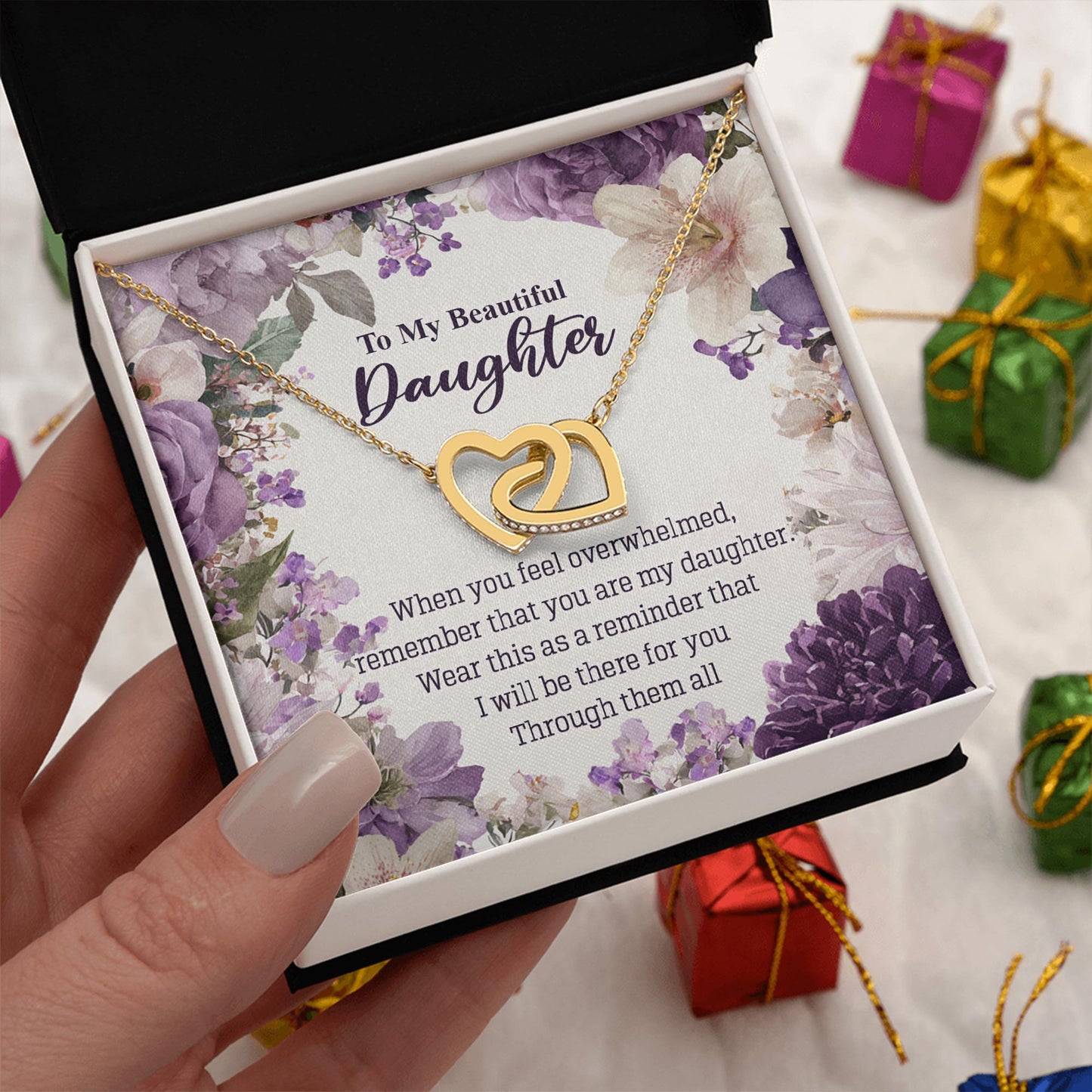 Netecom Personalized To My Beautiful Daughter Necklace from Mom Dad, Custom Message Card with Name, Remember That You Are My Daughter Interlocking Heart Jewelry Gift for Birthday, Christmas