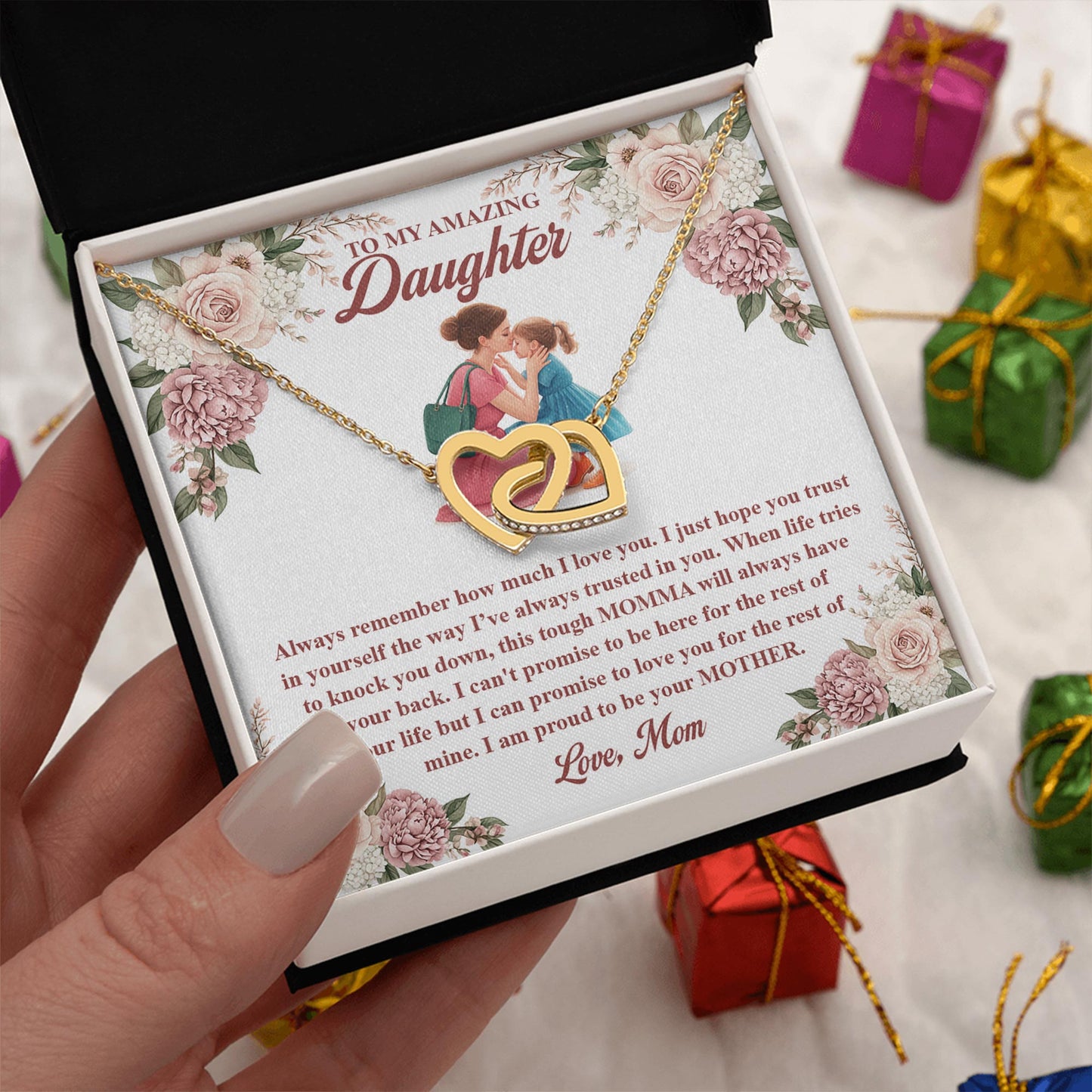 Netecom Personalized Mother to Daughter Necklace – Interlocking Hearts Jewelry with Sentimental Quote Card, Birthday, Graduation, Christmas Gift from Mom