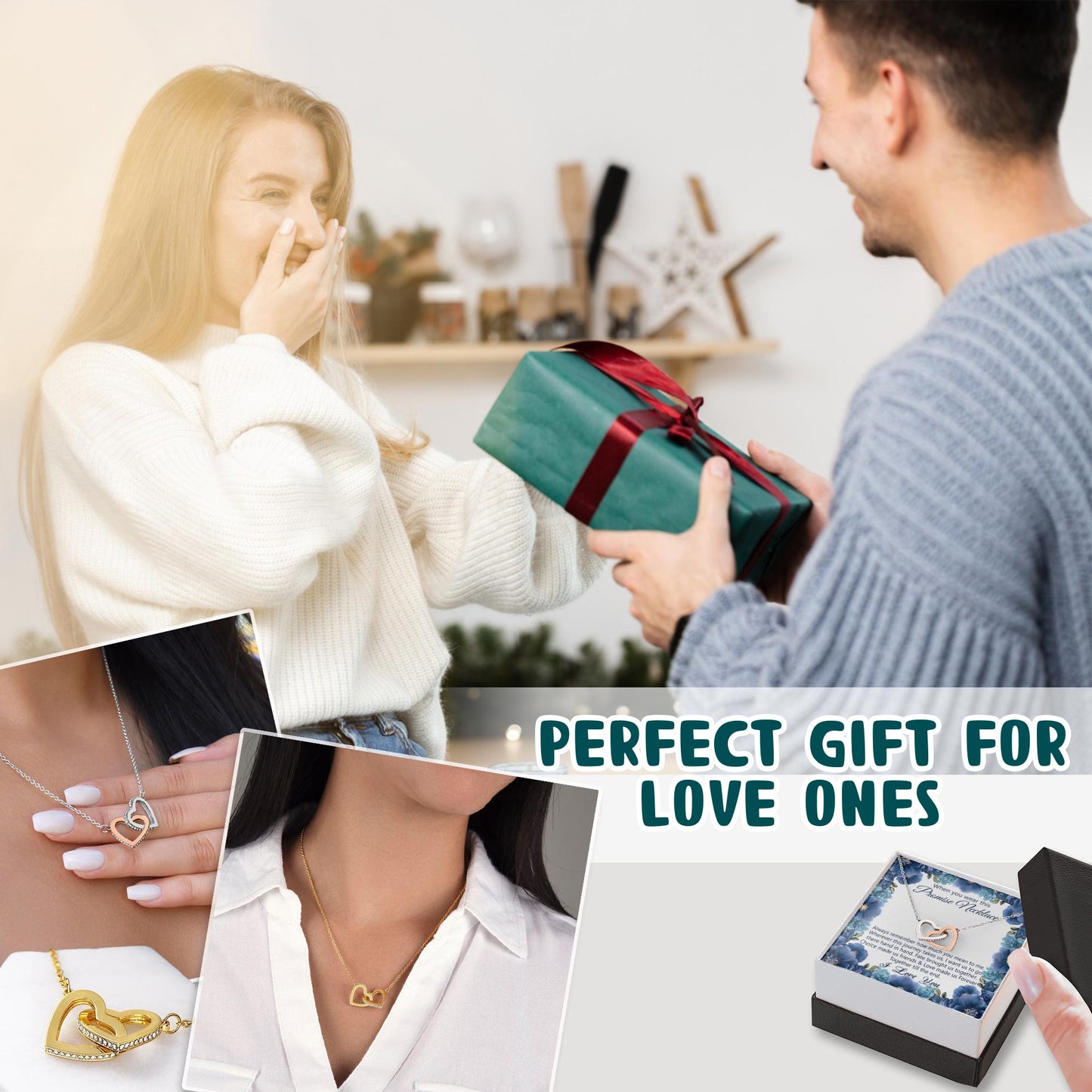 Netecom Promise Necklace For Soulmate Girlfriend Wife Finacee, Message Card with Name, Interlocking Heart Jewelry Gift for Wedding, Anniversary from Boyfriend Husband, Birthday, Christmas