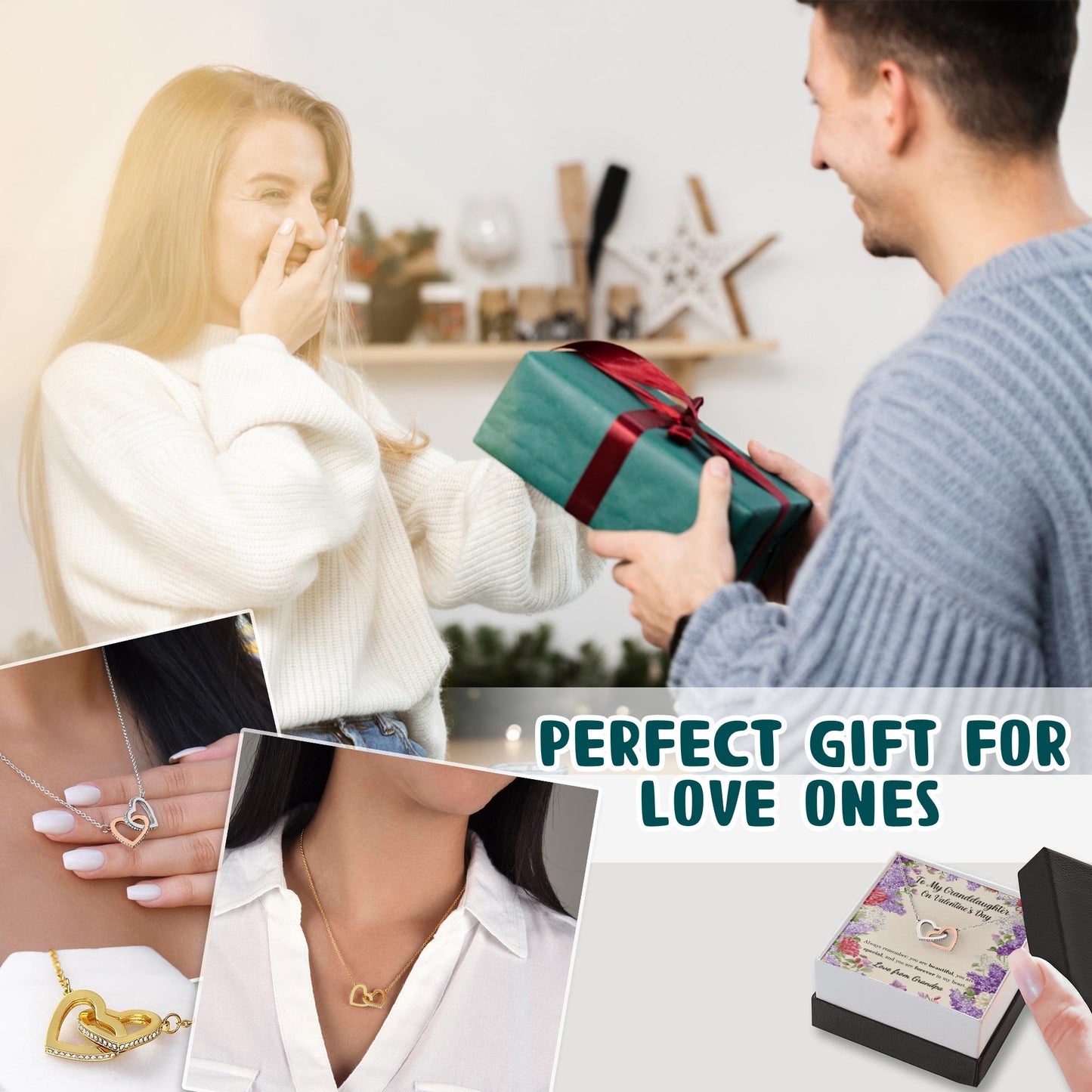 Netecom Personalized To My Granddaughter Necklace from Grandpa, Interlocking Hearts Jewelry with Floral Card, Valentine’s Day Gift