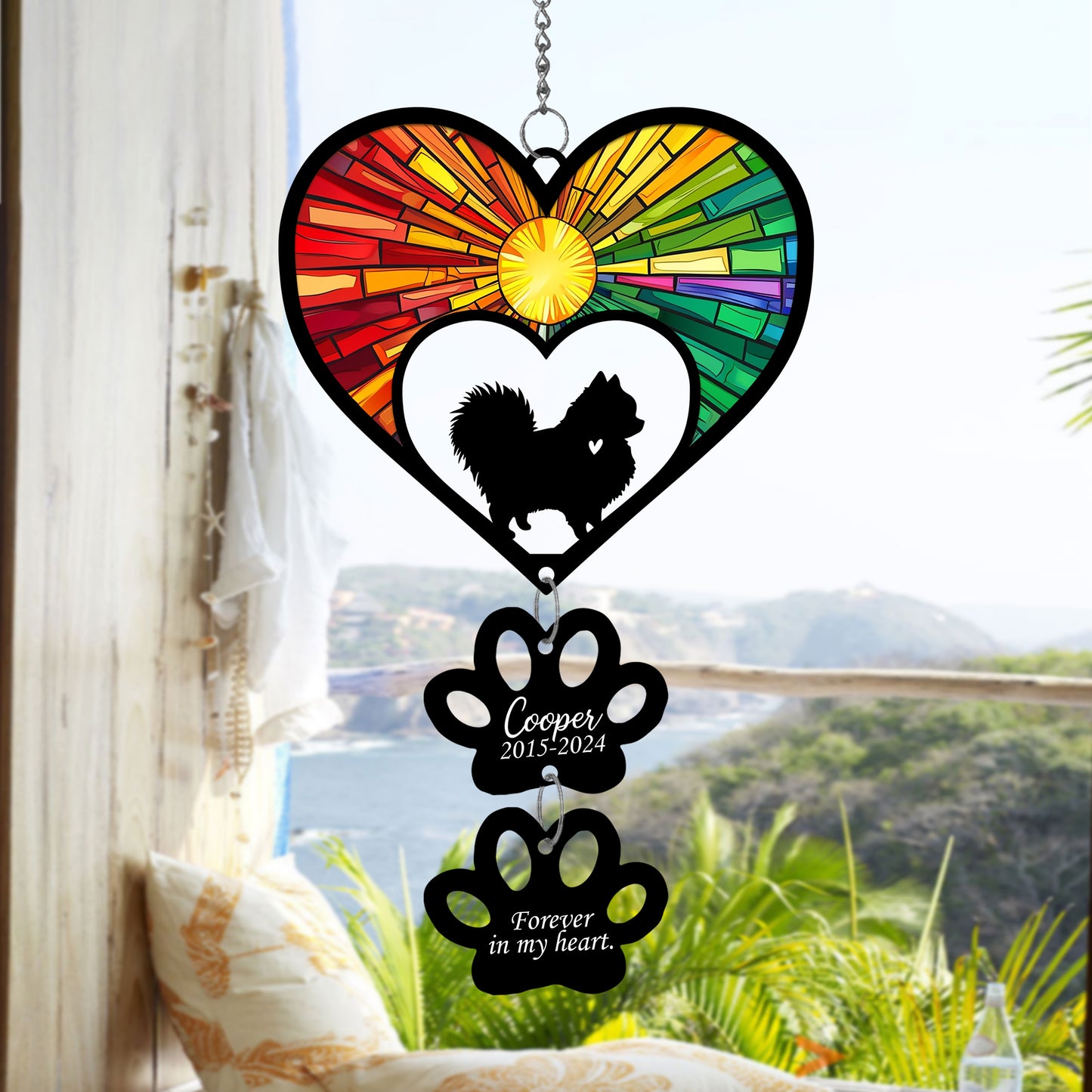 Netecom Personalized Pomeranian Rainbow Heart Paw Memorial Suncatcher, Custom Dog Ornament with Name Date, Pet Loss Sympathy Gift, Dog Remembrance Keepsake