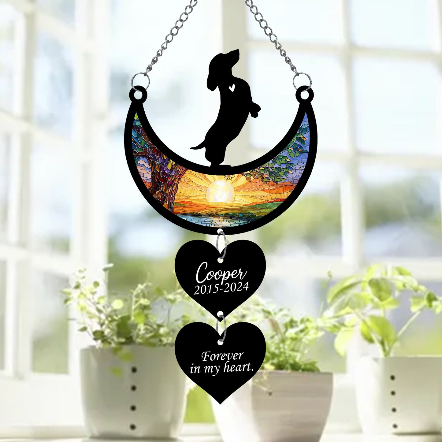 Netecom Personalized Dachshund Moon Heart Memorial Suncatcher, Custom Dachshund Ornament with Name Date, Dog Loss Sympathy Gift, Pet Remembrance Keepsake