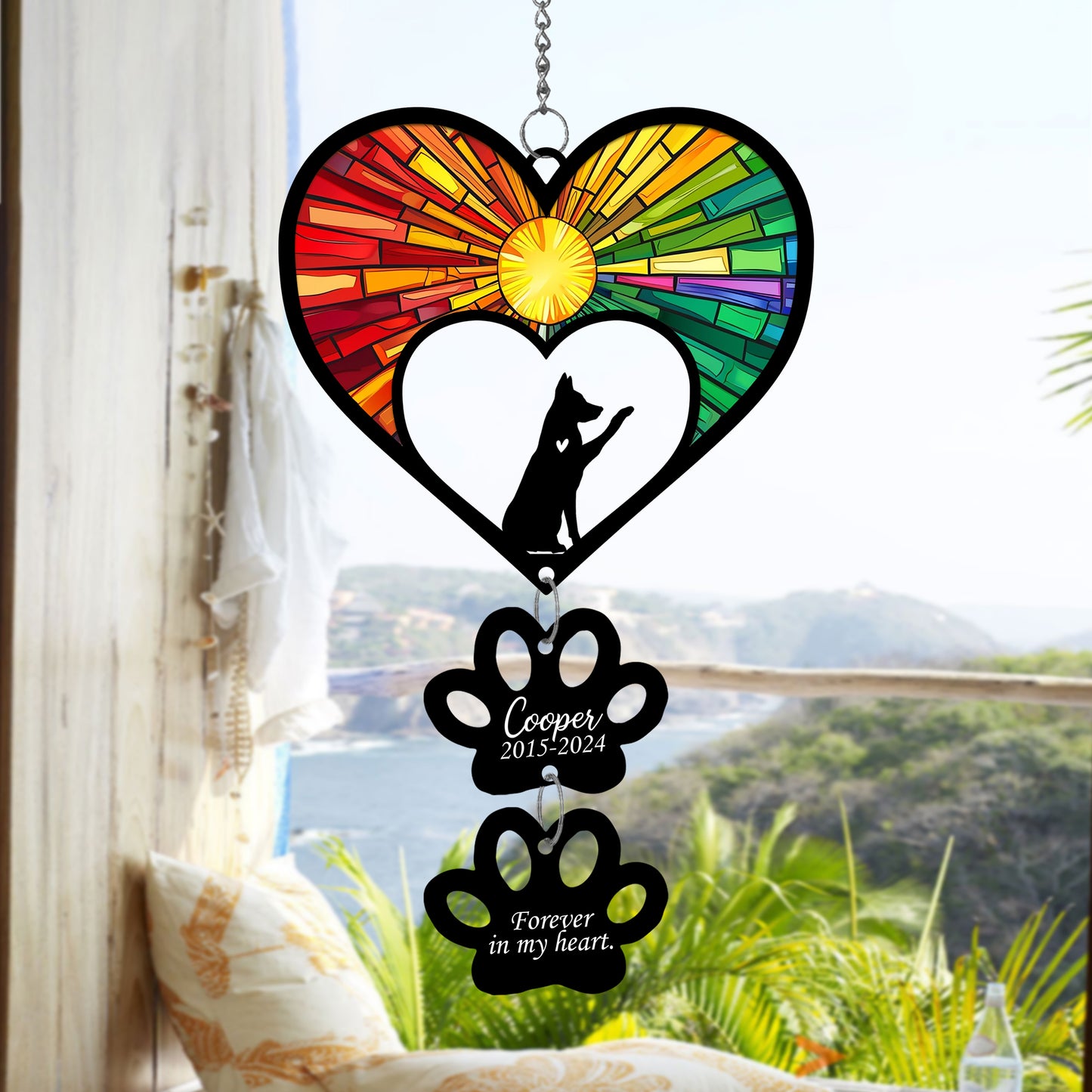 Netecom Personalized German Shepherd Rainbow Heart Paw Memorial Suncatcher, Custom Dog Ornament with Name Date, Pet Loss Sympathy Gift, Dog Remembrance Keepsake