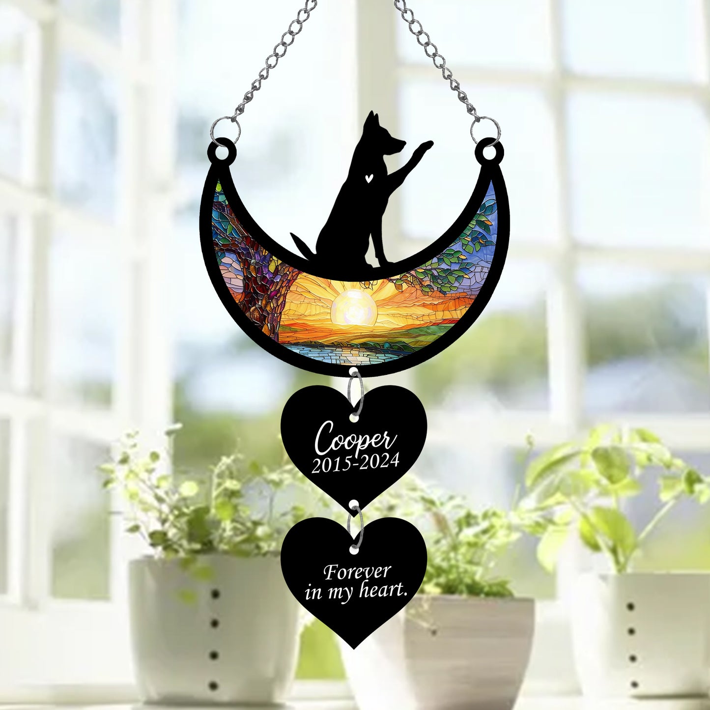 Netecom Personalized German Shepherd Moon Heart Memorial Suncatcher, Custom German Shepherd Ornament with Name Date, Dog Loss Sympathy Gift, Pet Remembrance Keepsake