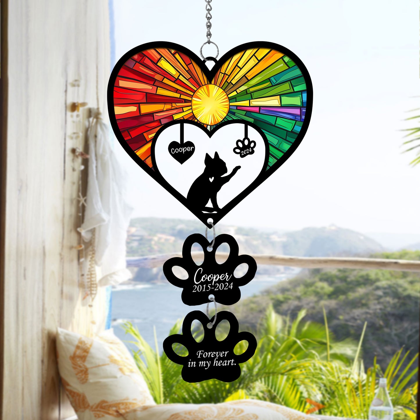 Netecom Personalized Boston Terrier Rainbow Heart Paw Memorial Suncatcher, Custom Dog Ornament with Name Date, Dog Loss Sympathy Gift, Pet Remembrance Keepsake