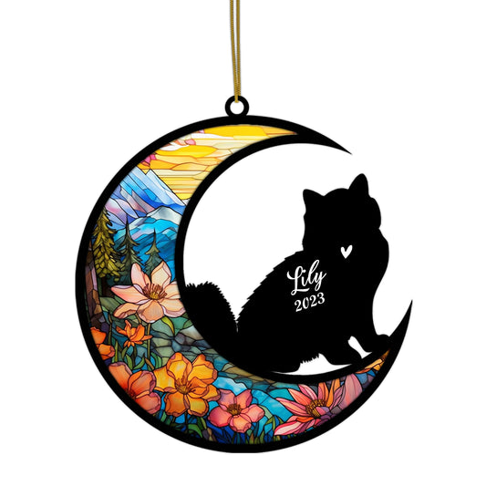 Netecom Personalized Siberian Cat On Moon Suncatcher - Custom with Name & Date - Pet Loss Light Catcher - Gifts for Cat Lovers - Christmas Cat Ornament for Window Hangings