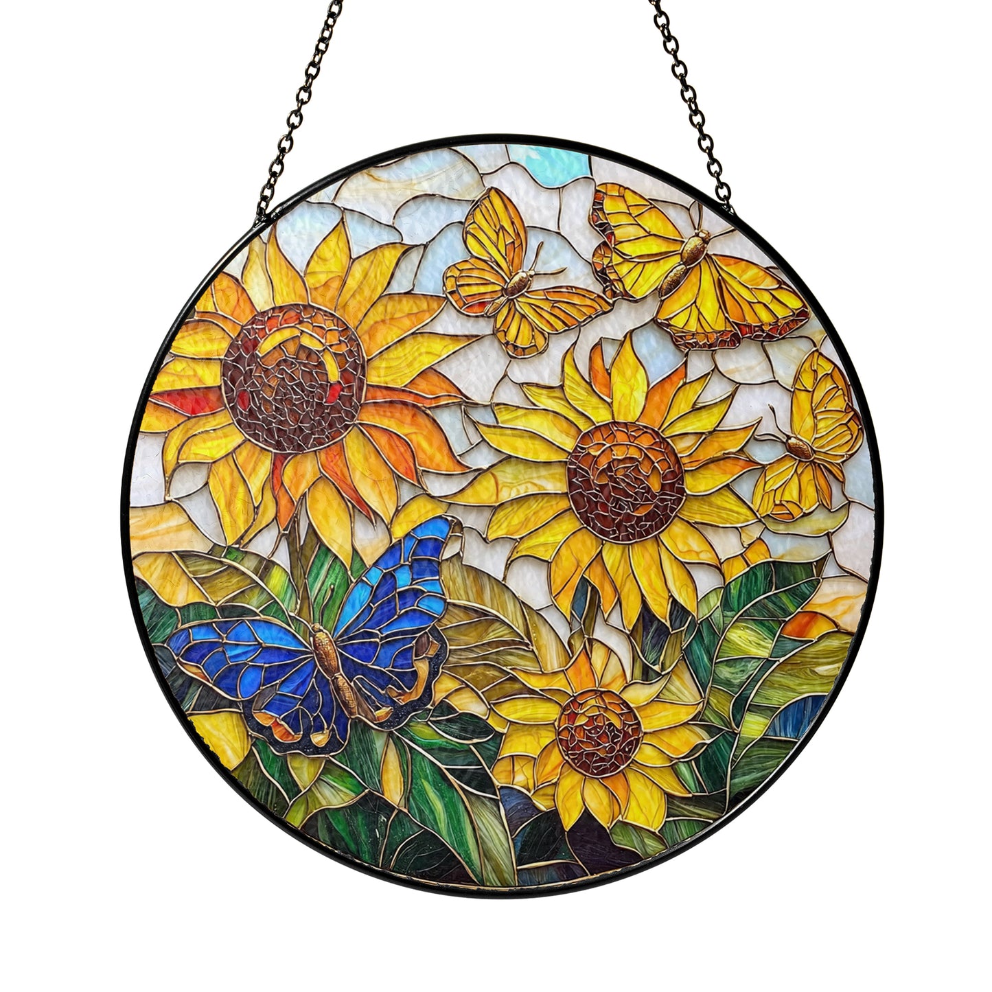 Netecom Sunflower and Butterfly Stained Glass Ornament – Personalized Floral Sun Catcher, Nature-Inspired Window Hanging
