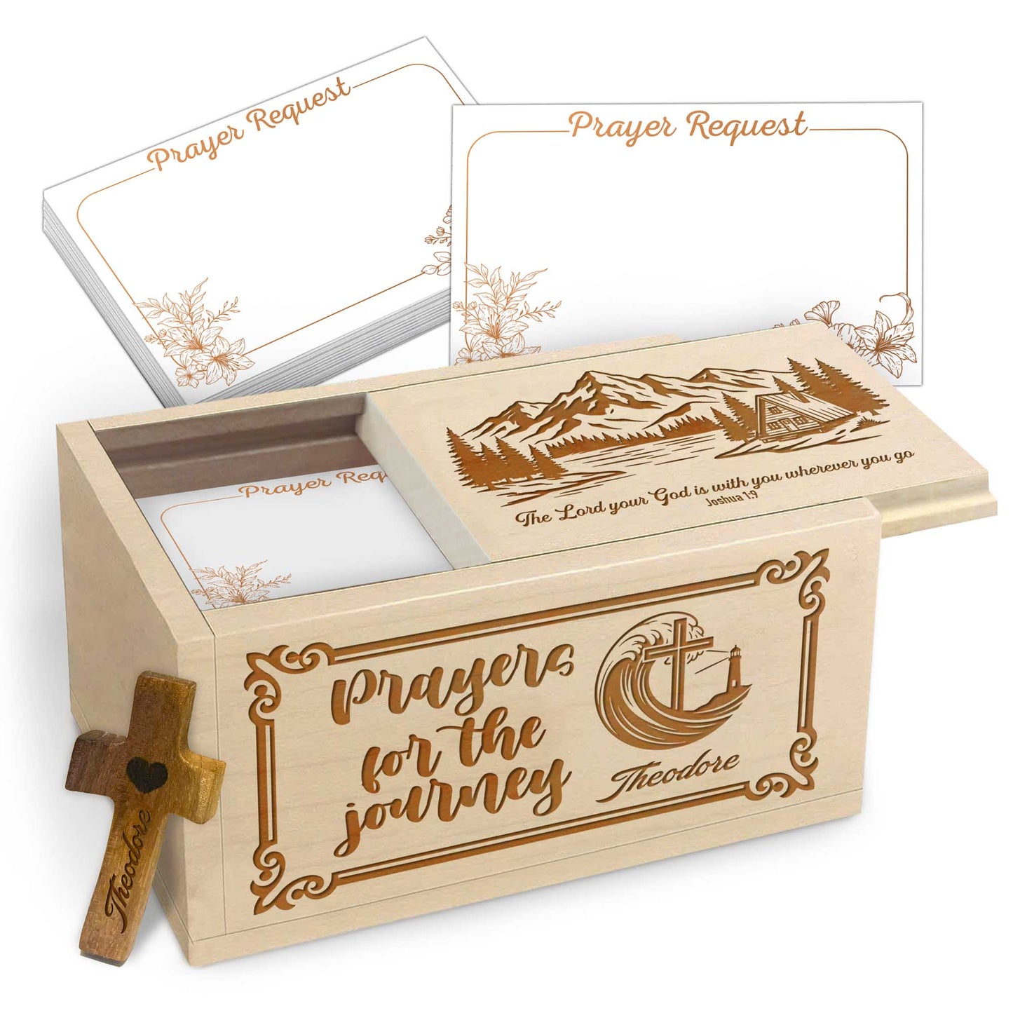 Netecom Personalized Wooden Prayer Box with Custom Name Cross, Religious Gift with 100 Prayer Request Cards
