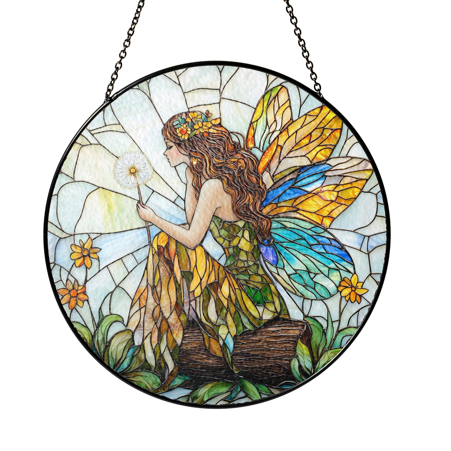 Netecom Fairy and Flowers Stained Glass Sun Catcher – Custom Magical Ornament, Personalized Window Hanging Décor