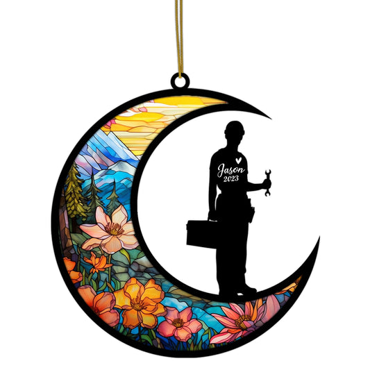 Netecom Personalized Mechanic Suncatcher - Memorial & Sympathy Gift for Loss of Father, Husband, or Dad - Fathers Day Gift, Bereavement Ornament for Uncle, Grandpa, Brother, or Son - Hanging Decor