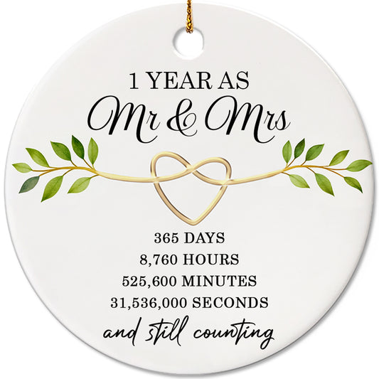 Netecom Vintage First Wedding Anniversary Christmas Ornament, 1 Year as Mr & Mrs Ceramic Ornament for Xmas Tree Hanging Decorations Gift, Gifts for Couple Husband Wife Married, Holiday Present