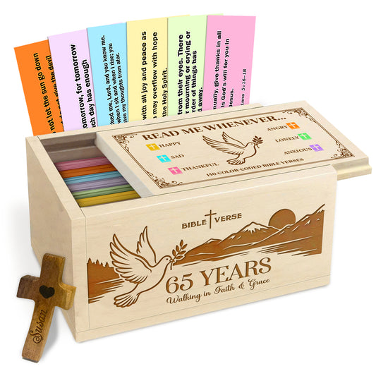 Netecom Personalized Bible Verse Box for 65 Years Birthday, Custom Name & Age, Engraved Wood Scripture Box with Pocket Cross, 150 Daily Bible Verse Cards, Christian Birthday Gift