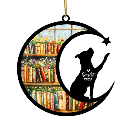 Netecom Personalized Pitbull Suncatcher for Windows Hanging, Custom Dog Sun Catcher Ornament with Name Date, Unique Gifts for Book Lovers, Reader Teacher Librarian Bookworm