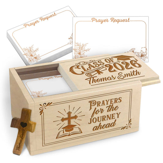 Netecom Personalized Graduation Prayer Box with Custom Name & Year on Box, Custom Name on Cross, 100 Prayer Cards, Faith-Based Christian Keepsake Gift