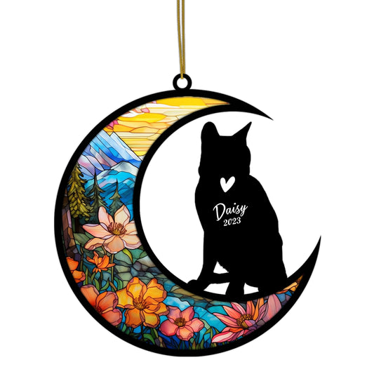 Netecom Personalized Russian Blue Cat Memorial Suncatcher - Custom with Name & Date - Pet Loss Light Catcher - Christmas Cat Ornament for Window Hangings