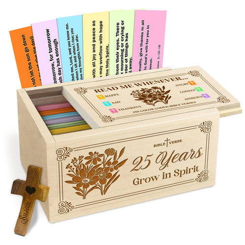 Netecom Personalized Bible Verse Box for 25 Years Birthday, Custom Name & Age, Engraved Wood Scripture Box with Pocket Cross, 150 Daily Bible Verse Cards, Christian Birthday Gift