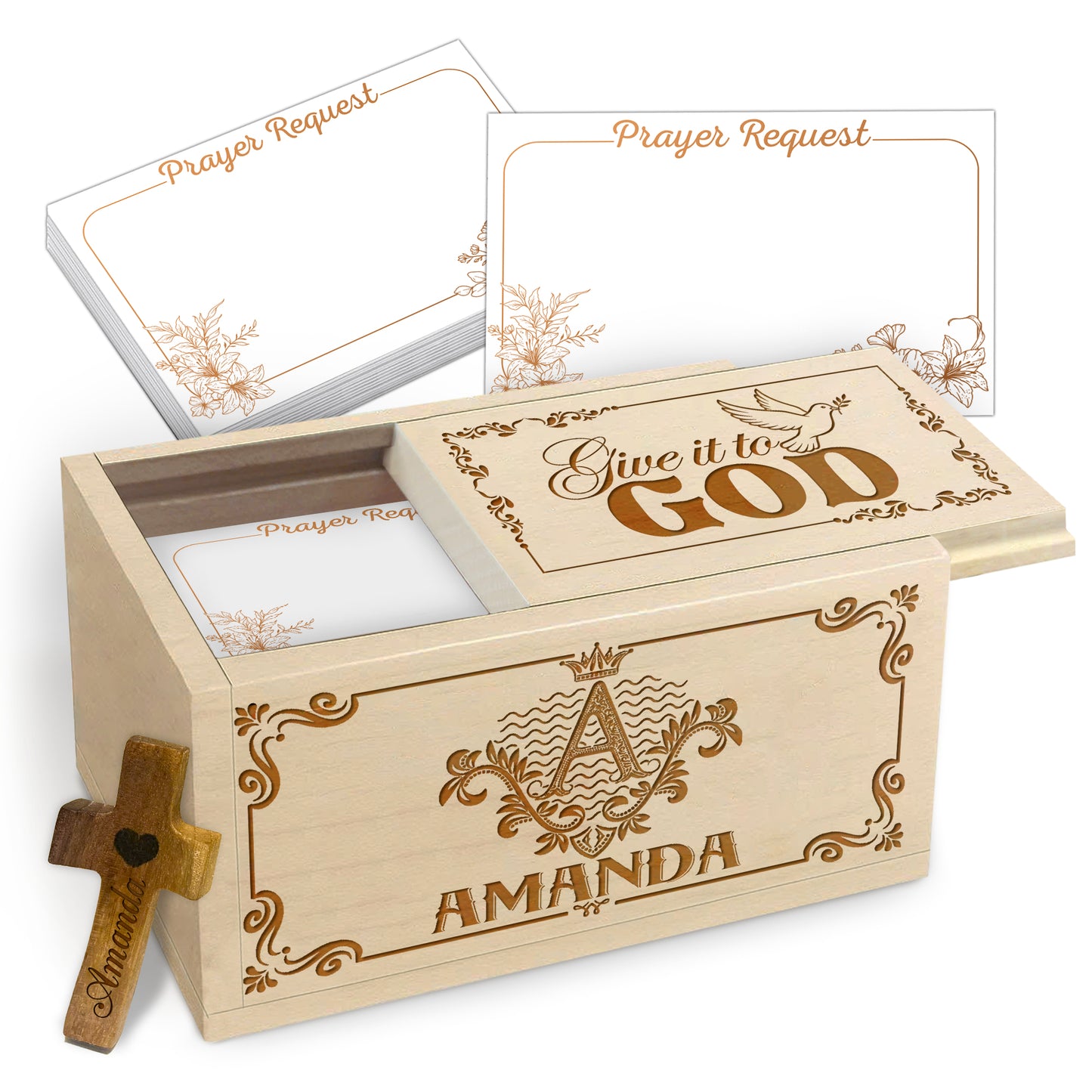 Netecom Personalized Wooden Prayer Box with Custom Name and Letter, 100 Prayer Cards and Engraved Cross, Spiritual Keepsake Gift for Men Women and Children