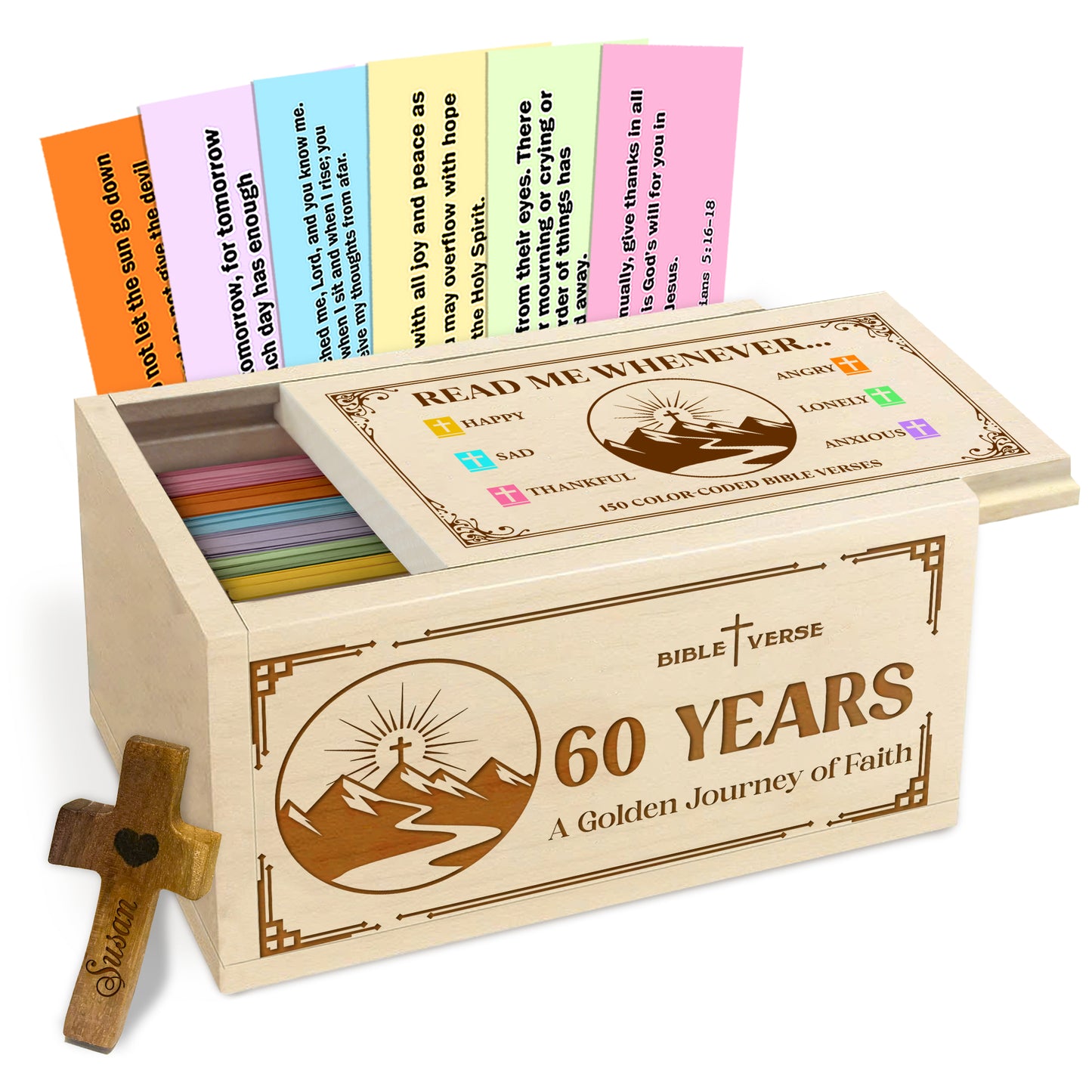Netecom Personalized Bible Verse Box for 60 Years Birthday, Custom Name & Age, Engraved Wood Scripture Box with Pocket Cross, 150 Daily Bible Verse Cards, Christian Birthday Gift