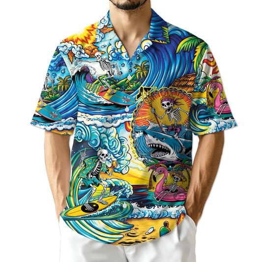 Netecom Funny Surfing Skull Art Hawaiian Shirt for Men Women, Tropical Button Down Summer Beach Short Sleeve Shirts