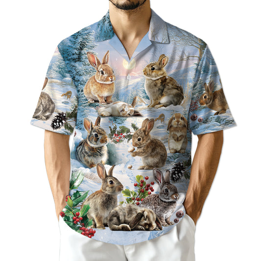 Netecom Rabbits in Snow Hawaiian Shirt for Men, Winter Bunny Holiday Button Down Summer Beach Short Sleeve Shirt