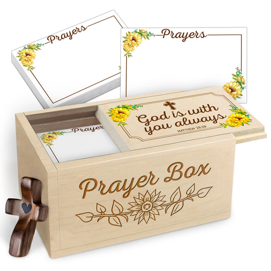 Netecom Wooden Prayer Box with 100 Prayer Request Cards & Hand Cross – Vintage Christian Gift with Sunflowers, Wooden Box for Women & Men
