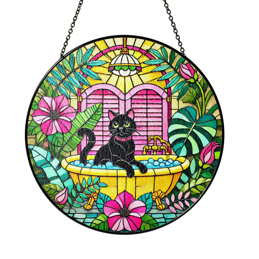 Netecom Black Cat in Bathtub Stained Glass Suncatcher, Tropical Floral Window Hanging Decor, Artistic Home Accent, Christmas and Halloween Gift for Cat Lovers
