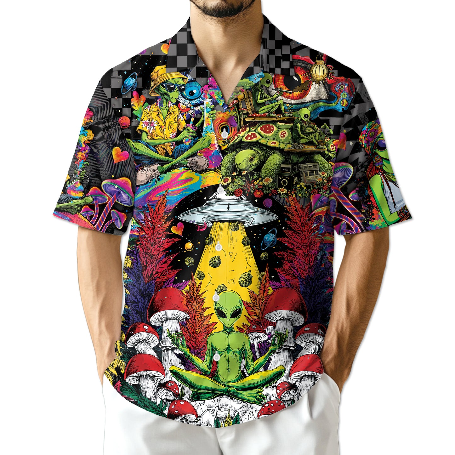 Netecom Hippie Mushroom Alien Hawaiian Shirt for Men Women, Tropical Button Down Summer Beach Short Sleeve Shirts