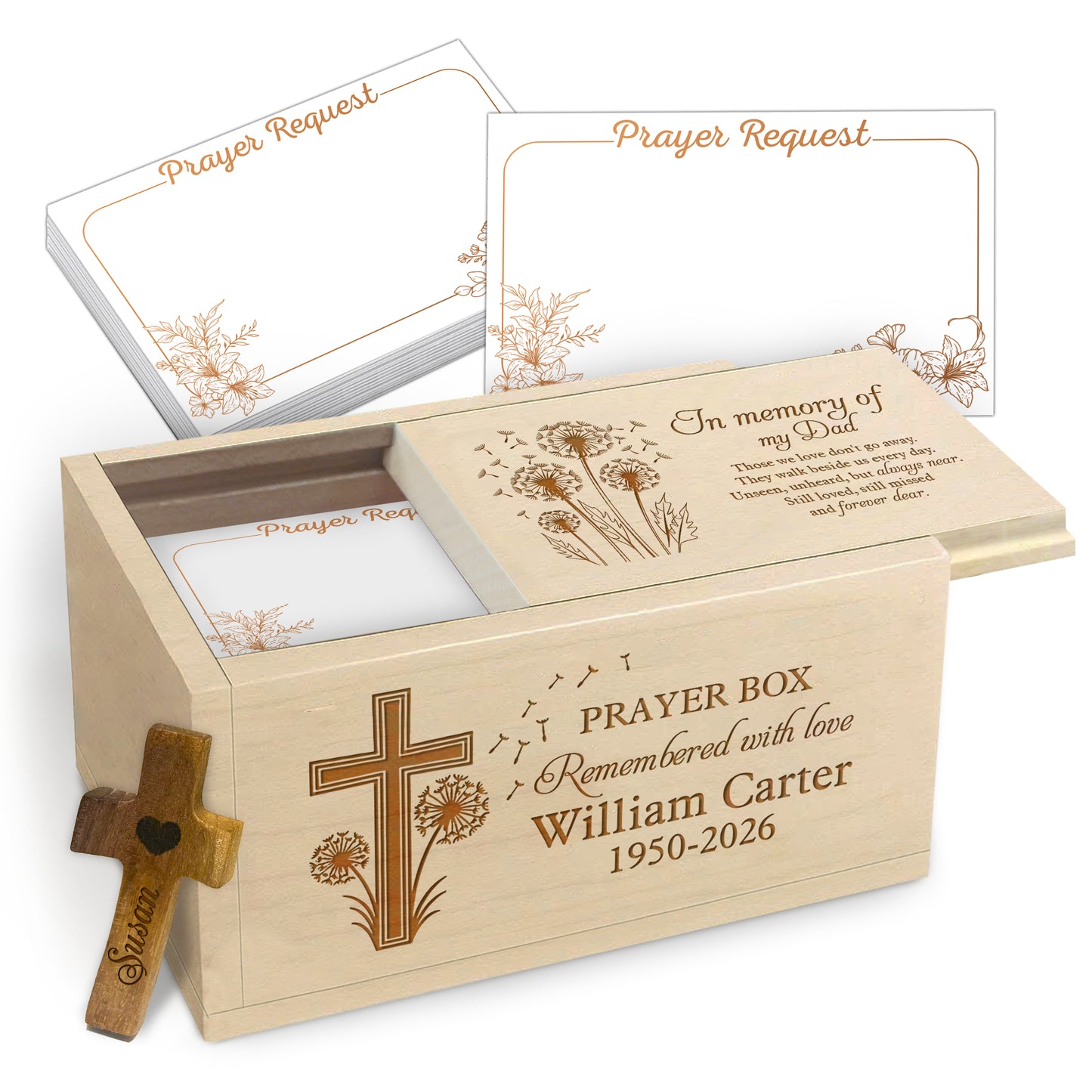 Netecom Personalized Memory Dad Prayer Box – Custom Name & Year Engraved, 100 Prayer Request Cards with Wooden Cross, Christian Memorial Keepsake Gift