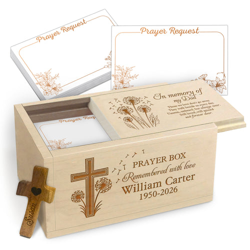 Netecom Personalized Memory Dad Prayer Box – Custom Name & Year Engraved, 100 Prayer Request Cards with Wooden Cross, Christian Memorial Keepsake Gift