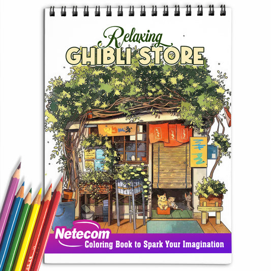 Relaxing Ghibli Store Spiral Bound Coloring Book, Embark on a Coloring Journey Inspired by the Magical Ghibli Store with 30 Exquisite Pages for Art Enthusiasts to Bring the Whimsical World to Life