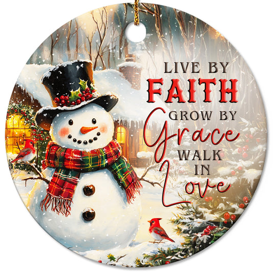 Netecom Cozy Snowman Christmas Ornament, Live by Faith Grow by Grace Walk in Love Ceramic Ornament for Xmas Tree Hanging Decorations Gift, Religious Gifts for Christian, Holiday Party Present