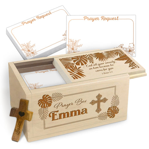 Netecom Personalized Wooden Prayer Box with Custom Name Hand Cross, 100 Prayer Request Cards – Christian Gift for Christmas, Easter & Everyday Prayer