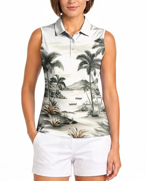 Vintage Coconut Tree Sleeveless Polo Shirt for Women | Netecom