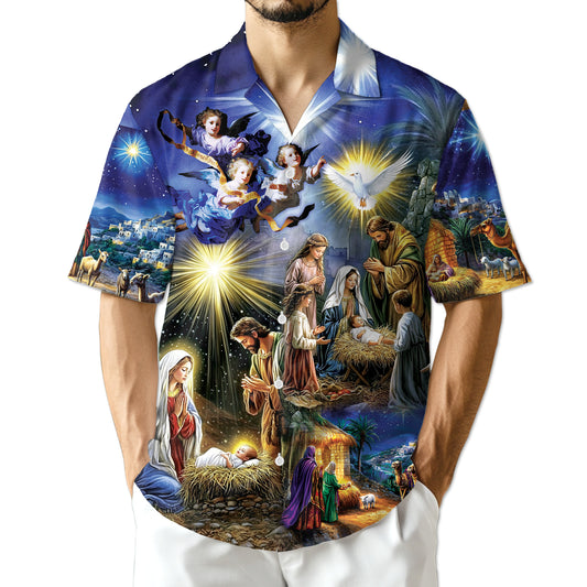 Netecom Nativity Scene Hawaiian Shirt for Men, Vintage Vintage Christmas Button Down Beach Short Sleeve Shirts